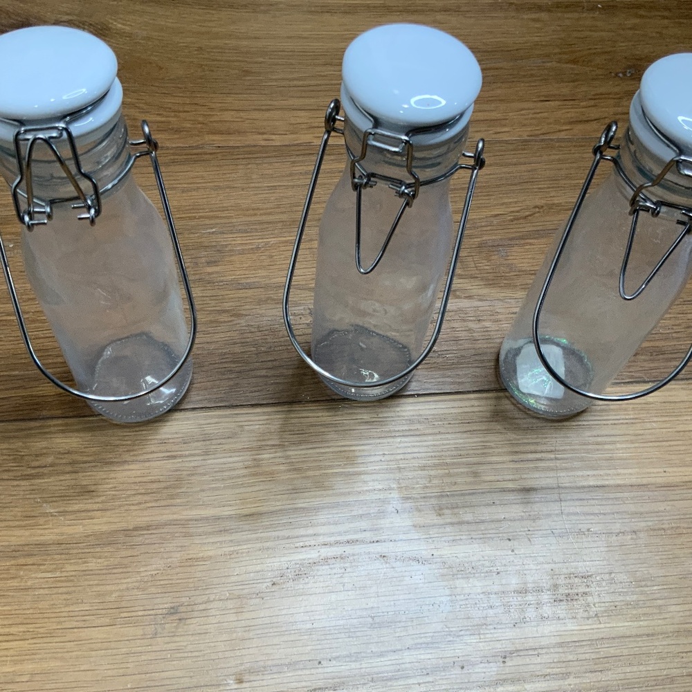 Three Mini Glass Milk Bottles with Tops